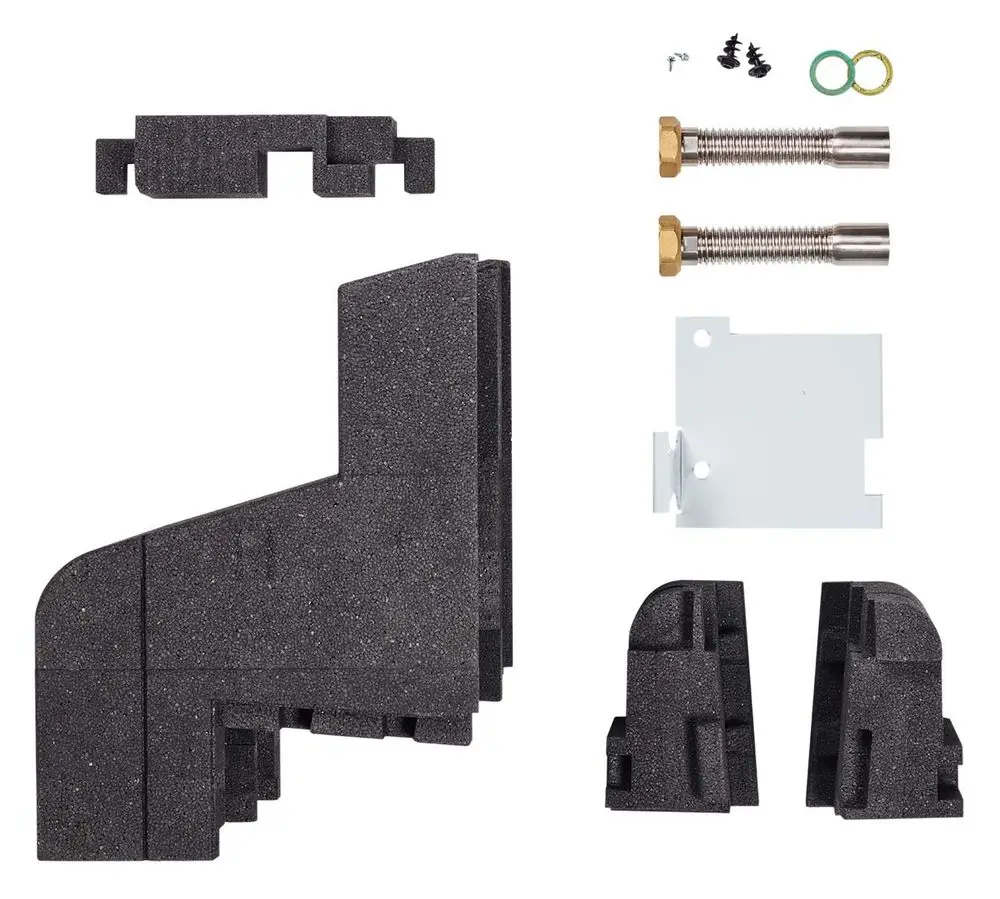 Montage-Set bestehend aus Dämmschalen und Verbindungsteilen, passend für Wandanschluss, von Vaillant. Teile aus schwarzem Material, inkl. Schrauben und Dichtungen.